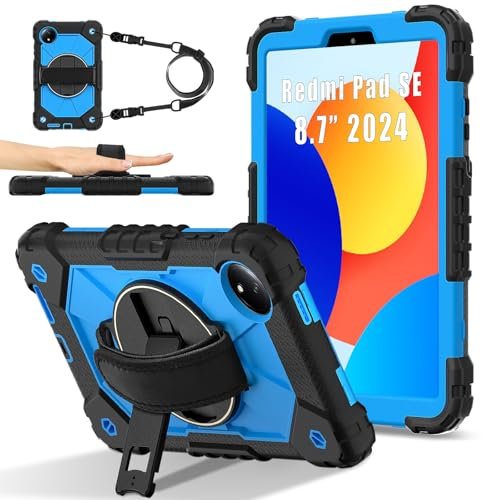 Compatibile con Xiaomi Redmi Pad SE 8.7 4G Rilasciato 2024, resistente TPU Cover 360 Rotante Cinghia da Polso e Supporto+Tracolla per Redmi Pad SE 8.7 4G Tablet Case (Nero Blu)