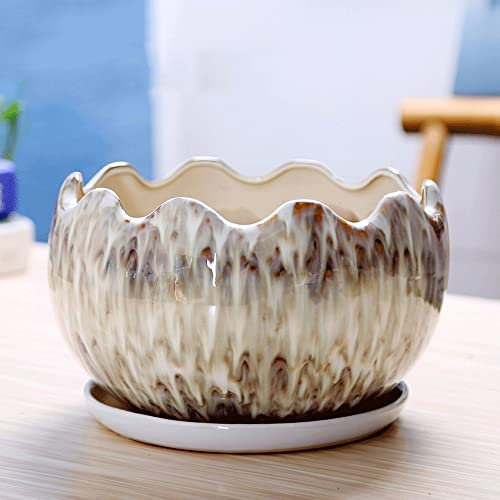 Moderno vaso da fiori in ceramica per esterni, per cortile e ufficio, elegante fioriera marrone con pallet (26 cm x 17,5 cm)