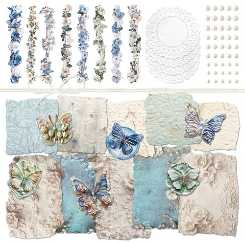 Adesivo a tema farfalla estetica, motivo floreale in rilievo, set di carta decorativa, decalcomania a strisce retrò, confezione per decoupage vintage, per forniture per album di ritagli (Penny)