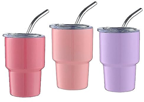 Giuneuow Confezione da 3 Bicchierini Mini Tumbler, Bicchierini A Doppia Parete con Cannuccia e Coperchio, 2 Oz (A)