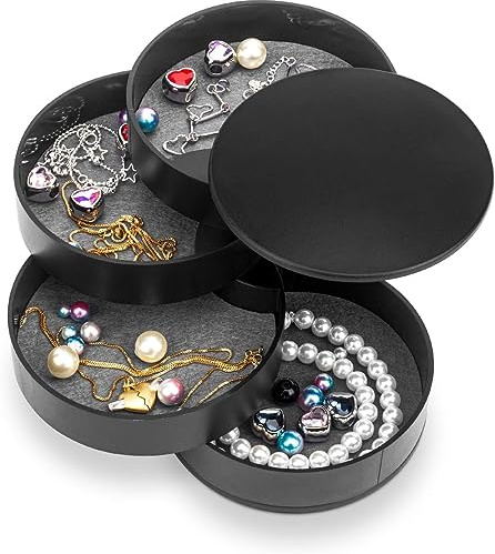Generisch 4-lagiges Dreh-Schmuckkästchen mit Deckel | Schmuckorganizer für Ohrringe, Ringe & Ketten | Reise-Jewelry-Box (10x10cm) – Geschenk für Frauen(A-schwarz)