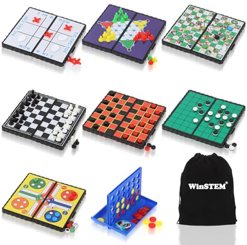 8-in-1 Mini Travel Board Games Set, Magnetic Checkers Game with Folding Magnet Board, 4 in a Row Game, 5.2'' Compact Design Ideal for Family/Road Trip/Travel/Camping Party, Included Storage Bag