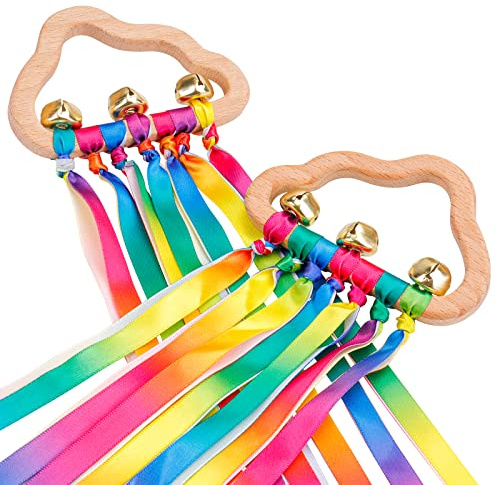 YELUFT Baby Sensory Rattle Toys with Wooden Ring & Rainbow Ribbon - 2PCS | Montessori Wood Rattles Ring Bells Toy for Baby 0-12 Months as Newborn Toddler Baby Shower Gifts - Multicolored