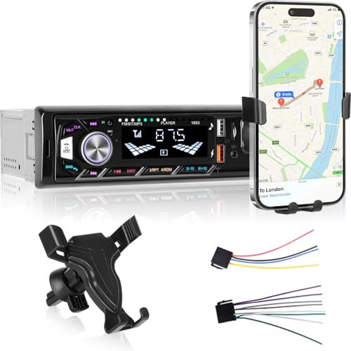 1 Din Autoradio mit Bluetooth - Bluetooth Autoradio mit Handyhalterung - Freisprecheinrichtung, FM-Radio, USB/TF/AUX-Anschluss, Bunte Hintergrundbeleuchtung