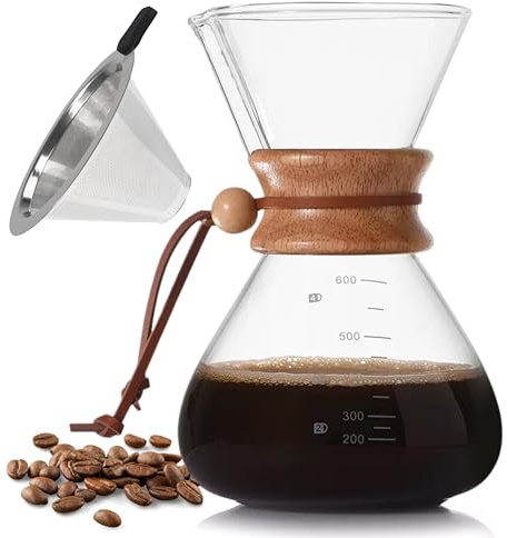 Tamimarch 20 Oz Pour over Borosilicate Glass Coffee maker with Stainless Steel Filter and Wooden Collar Holder, Coffee Carafe Brewer for Home & Camping