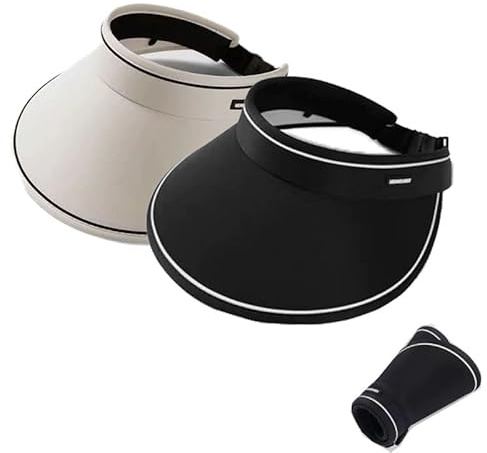Solvisir hatt för kvinnor, 2 st UV-skydd sportmössa, justerbart löparvisir med svett andningsbart svettband, sport brett brätte för golf, promenad hund, fiske svart och vit