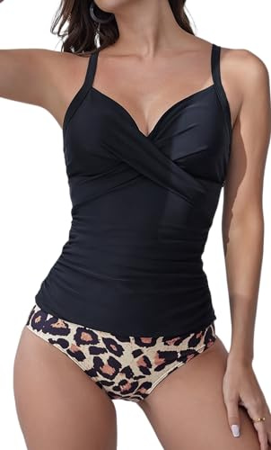 B2prity Damen Tankini Badeanzug mit Rüschen, V-Ausschnitt und Bindegürtel – Zweiteiliger Badeanzug mit Bauchkontroll-Effekt