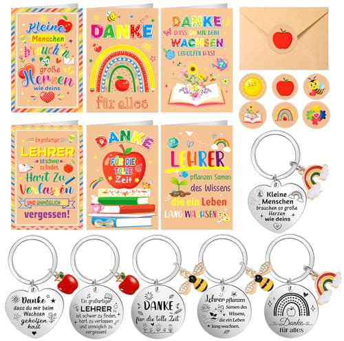 HOWAF Lehrer Geschenk Abschied, 6 Karte Lehrer mit Schlüsselanhänger Lehrer Lehrerin, Dankeschön Geschenke für Abschiedsgeschenk Erzieher Erzieherin Geschenk, A