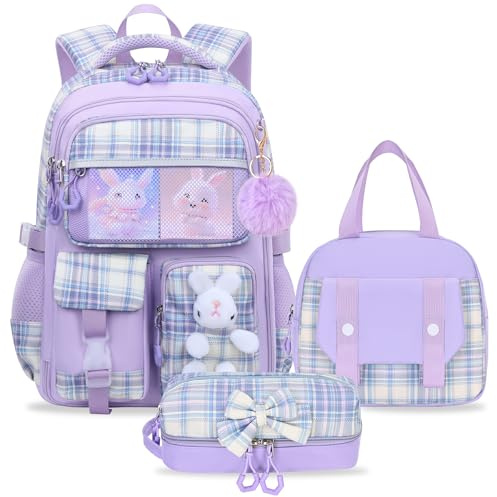 NSEQB Girls Backpack Set With Lunch Bag and Multi-Compartment Pencil Case,Cute Girls School Backpack For Kids,Childrens Schoolbag For Kindergarten Elementary Primary（Purple-3PCS）