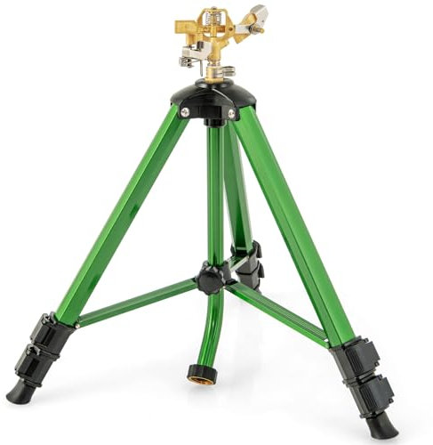 Arroseur sur trépied rotatif à 360° - Système d'arrosage automatique avec tête en laiton - Couverture de 11 à 13,6 m - Hauteur réglable de 44 à 89 cm - Idéal pour l'entretien du jardin et de la