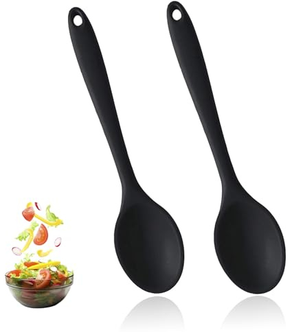 AzureRay Cuillère de Service en Silicone, Lot de 2 Grandes Cuillères Noires Sans BPA, Résistantes à la Chaleur pour Cuisine, Mélanger et Servir