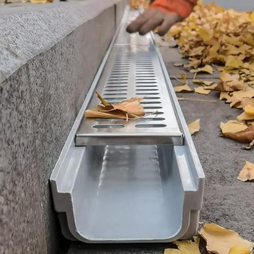 Koncey Entwässerungsrinne mit Edelstahl Gitterrost, Laubschutz Dachrinne, U-förmige-Komposit Entwässerungsrinne für Hof, Garten, Hof, Terrasse, Grabenentwässerung(W 11 x H 4 x L 60 cm)