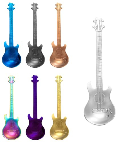 TRACOMPAN Kaffeelöffel mit Gitarre, 7 Stück, Edelstahl, mit neuartigem Design, perfekt für Kaffee, Tee, Eis und Dessert, einzigartige Geschenke für Männer (Geburtstage, Geschenkideen, Geschirr) ​
