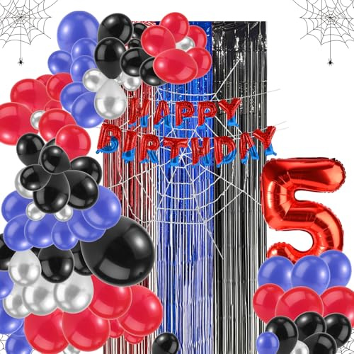 Spider Theme Party Decorations Kit, Includes Letter Banner Number Balloon Web Backdrop Hanging Curtains Multi-Size Balloons for Boys Girls Baby Shower Decor (Number 5)