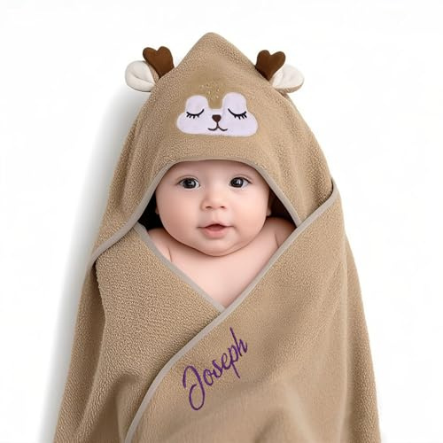 Gaosh Accappatoio Neonato Personalizzato con Nome Asciugamano Neonato Bagnetto con Cappuccio Morbido e Confortevole per Bambina Regalo Neonata Femmina, Nascita Bimba (Marrone)
