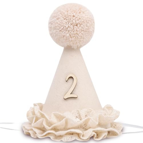 Cremeweiße Mütze mit Spitzenbommel zum 2. Geburtstag Mädchen, Klemme-Gummizug, Zylindrischer Geburtstagshut, Deko 2 Geburtstag Mädchen, Geburtstagshut Kinder Deko, Birthday Decorations Girl, Filzstoff
