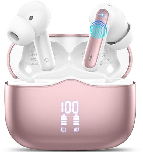 Wireless Earbuds, Bluetooth 5.4 Headphones in Ear 3D Bass Stereo, 40H Wireless Earphones with 4 ENC Noise Cancelling Mic, IP7 Waterproof Bluetooth Earbuds LED, AI-Enhanced Calls for Android iOS, Rose