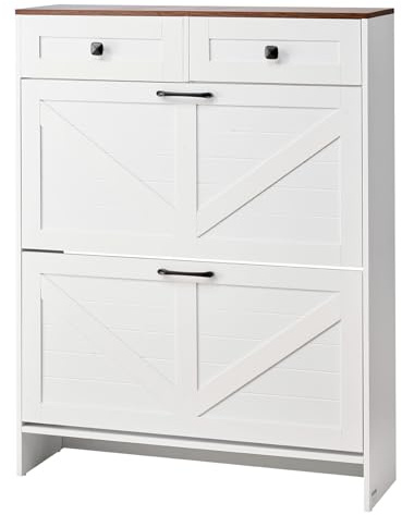 VEVOR Shoe Cabinet with 2 Flip Drawers, Farmhouse Shoes Storage Cabinet with 2 Drawers and Anti-Tipping Device, Freestanding Shoe Organizer Ideal for Entryway, Hallway, Bedroom, Living Room, White