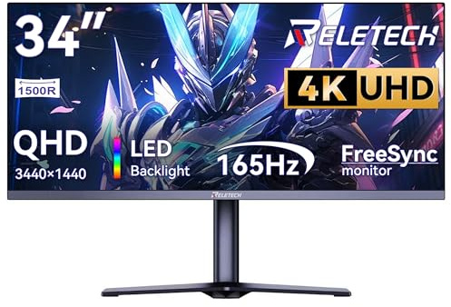 Reletech 34 Inch Curved Ultrawide Gaming Monitor,21:9 WQHD (3440x1440) 165Hz 1ms 1500R Curved Monitor, 120% sRGB, Support Freesync,2 HDMI & 2 DP, Equipped with LED Backlight, VESA Mount (G34WQ)