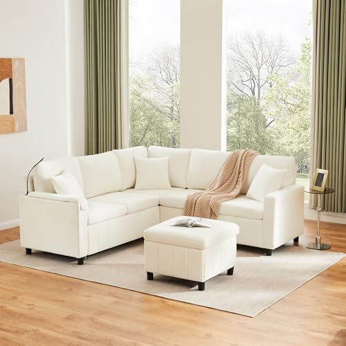 Modulares Sofa Ecksofa mit Schlaffunktion Ausziehbares Schlafsofa Couch mit Hocker Stauraum Wohnlandschaft Chenille Beige Getränkehalter für Wohnzimmer Gästezimmer