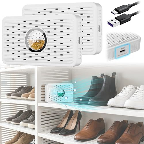 2Pack Auto Power-off Mini Desiccant Dehumidifier, Portable & Rechargeable | Small Electric Moisture Absorber Dryer for Storage Closet Shoe Cabinet Windowsill Bookcase Game Video Cassette Tape- White