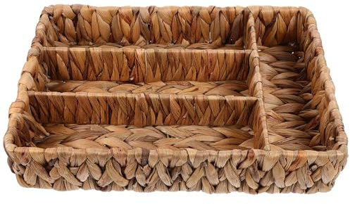 Cutlery Tray Organizer Basket with Divided Compartments for Kitchen Drawers | Woven Hyacinth and Iron, Light Brown, Multi-Functional Storage, Easy to Clean, Home Hotel Restaurant Camping
