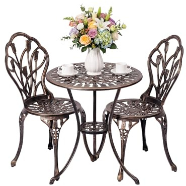 Roomark 3tlg Bistro Set, Gartenmöbel Set aus Aluguss,Balkonset Gartenset bis 120kg, Balkonmöbel Set Antik mit 2 Stühlen&Rundem Tisch für Garten,Terrasse & Kleinen Balkon (Tulpenmuster)