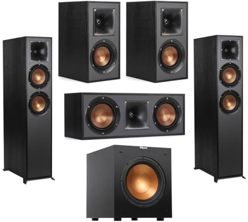 Klipsch Reference R-625FA 5.1 Home Theater Pack, Black, Pair, Bundle with 2X -41M Bookshelf Speakers, 52C Center Speaker, 100SW 10 300W Powered Subwoofer