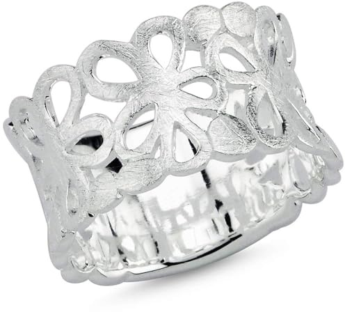 Vinani Damen Ring aus 925 Sterling Silber – Massiv gebürsteter Silberring mit filigranem Blumenmuster, nickelfrei & antiallergisch, handgefertigt, zeitloser Silberschmuck, stilvolles Geschenk