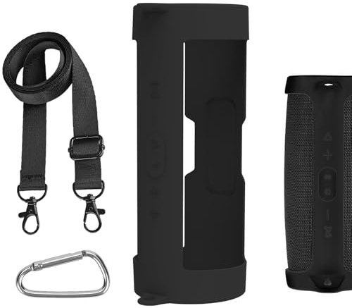 Geekria Silicone Case Compatible with JBL Charge 5 Bluetooth Speaker, Protective Cover Sleeve with Shoulder Strap and Carabiner, Portable Carrying Case (Black)