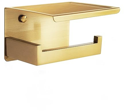 HITSLAM Porte Rouleau Papier Toilette Laiton Brossé Auto-adhésif avec Tablette, Support Papier Toilette Mural pour Salle de Bain, Acier Inoxydable, Derouleur Papier Toilette WC sans Percage