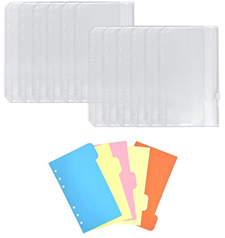 CQQNIU 12 Stück A6 Reißverschluss-Bindertasche, 6 Löcher, wasserdicht, matt, Bargeldumschlag-System für Kunststoff-Notizbücher (kostenloses Trennpapier in 5 Farben)