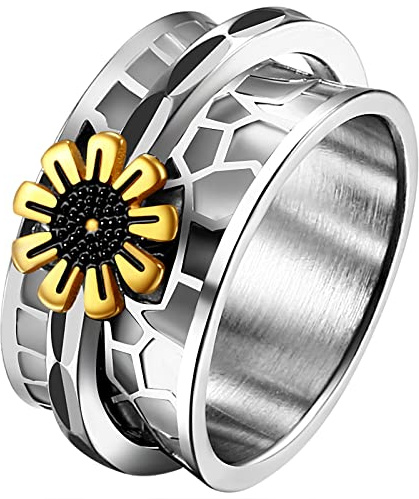 JewelryWe Schmuck Fidget Angst Ring Damen Retro Gänseblümchenblume Mond Sterne Edelstahl Drehbarer Anti Stress Band Bandring mit Gravur, Silber