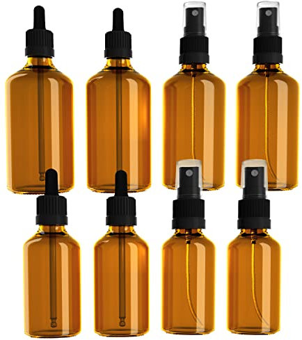 EBELYX 8er-Set aus je 2x Pipettenflasche 100ml, Sprühflasche 100ml, Pipettenflasche 50ml, Sprühflasche 50ml - Apothekerflasche mit Glaspipette & Zerstäuber, Tropfflasche aus Braunglas