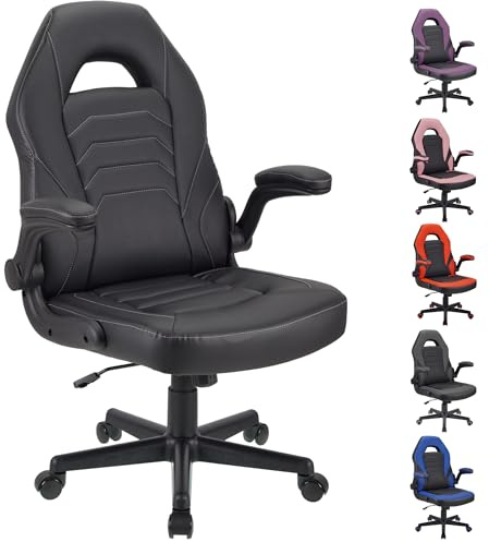 WangPangzi Ergonomic Gaming Office Chair with Flip-Up Arms,Faux Leather & Silent Castors for Home Office, Study or Gaming Room(Black)