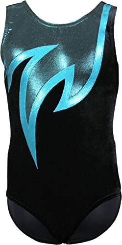 GymStern Gymnastikanzug Turnanzug Modell Java Spezial Samt & Glitzerlycra Kurzarm Turnbody, Größe:110-116, Farbe:Schwarz/Türkis/Petrol