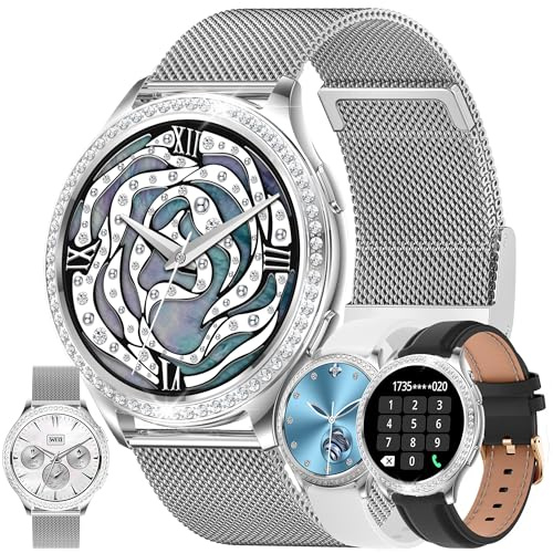 Smartwatch Kvinnor med Telefonfunktion, 1,32 HD Fitness Tracker Smartklocka med Diamant, Sömnmonitor Pulsmätare 123 Sportlägen Sportklocka Fitnessklocka Armbandsur Kompatibel för Android IOS (Silver)