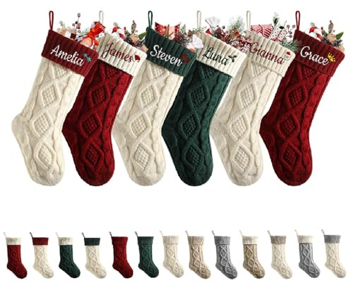 MJARTORIA Nikolausstrumpf Personalisierte Weihnachtsstrumpfe mit Namen 46cm Gestrickt Bestickte Weihnachtssocken Kamin Hängenden Strumpf für Feiertags Familienparty Dekoration，Bunt E：3Pcs
