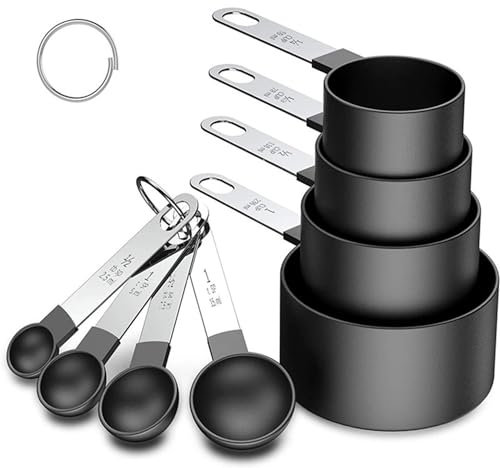 8 cuillères et tasses à mesurer, ensemble de cuillères empilables à poignée en acier inoxydable pour mesurer les liquides et les solides, outil de mesure idéal pour la cuisine et la pâtisserie (Noir)