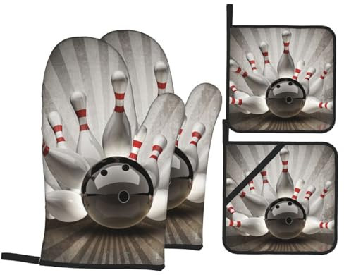 Juego de Manoplas y Soportes para ollas para Horno, Guantes y agarraderas para Horno de Cocina, 4 Piezas para Hornear Barbacoa, Bola de Bolos Deportiva Vintage
