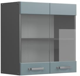 Vicco Küchenglasschrank R-Line, Blau-Grau, 60 cm | 2 Türen · 1 Einlegeboden · Tiefe – 31 cm · ✓ Frei kombinierbar · ✓ Alles im Blick