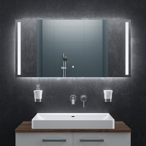 BR Bringer LED Badspiegel - 120x60 cm - Badezimmerspiegel mit Beleuchtung und Anti-Beschlag Funktion - Dimmbar, Energiesparend, 3 Lichtfarben, Touch-Schalter und Speicherfunktion (Modell: BRS103)
