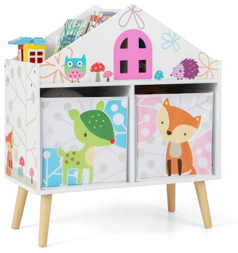 COSTWAY Kids Bookshelf, Toy Storage Organizer with 2 Fabric Bins, Elevated Solid Wood Legs, Toddler Bookcase Display Rack for Children Room, Playroom, Nursery