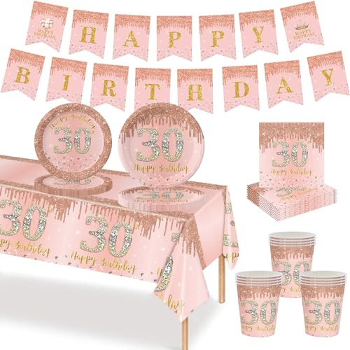 MORAINJAY 70Pcs Rose Gold 30th Birthday Tableware Set, 30th Cups Plates Napkins Paper Banner, for Men Women 30th Birthday Party Supplies(16 Guests) | Paper Plates, Cups, Napkins And Banners, Table Decorations For Party 30th Birthday