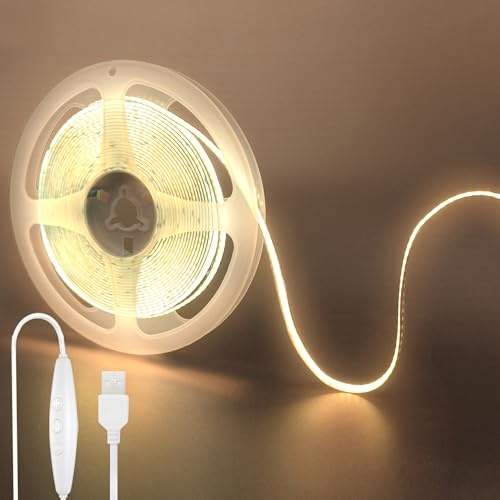 Clearhill 5V USB COB LED‑remsbelysning med dimbar brytare, 16,4 FT/5 m, varmvit 3000K, 320 LED/M, 8 mm bredd, inte vattentät, 1,5 m USB‑kabel, för gör‑det‑själv heminredning