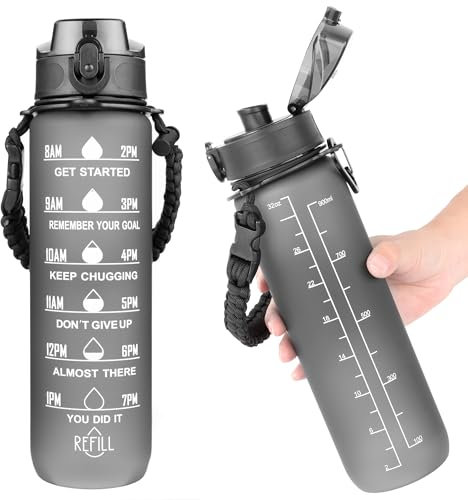 AiQInu Borraccia 1 Litro con Indicatore di Tempo e senza BPA, Aprova di Perdite, Chiusura Sicura, Cavo per Ombrello e Manico per il Trasporto Intrecciato per Palestra, Fitness e Outdoor