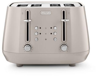 De'Longhi Eclettica BPA Free Metal Toaster CTY4003.BG, 4 Slot Toaster with Reheat and Defrost Functions, Control Panels, Progressive Browning Levels, Pull Crumbs Trays, Stainless Steel, 1800W, Beige