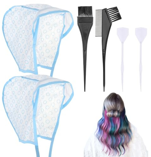 Bewudy 2 Sets of Hair Coloring Kits, Hair Highlighting Caps, Hair Dye Cap Disposable Hair Art Frosting Cap with Plastic Crochet Hook, and Hair Dye Brushes for Salon Hair Dyeing Hairdressing (Blue)