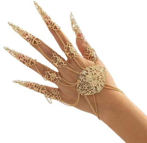 YUNHENTONG Kralle Armband für Halloween,Gothic Vintage Hexe Finger Kette, Finger Kralle Kette,Kettenring mit Finger Nägel für Frauen und Mädchen Halloween Cosplay Drama Show (Gold)