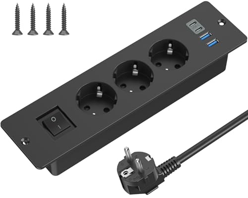 Presa da incasso per tavolo con USB C, 3 prese, ciabatta con interruttore, presa da tavolo, presa multipla con cavo da 2 m per tavolo da conferenza, piano di lavoro, tavolo da divano (nero)